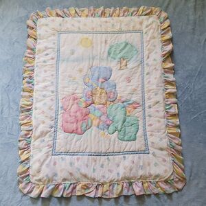 Vintage Carter's Teddy Bear Picnic Baby Quilt Blanket Pastel Ruffle 80s *Spots*
